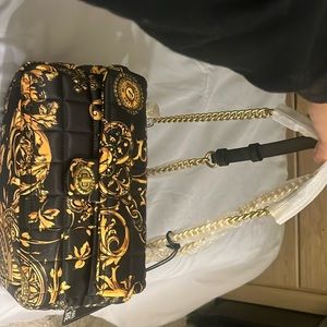 Black and gold Versace Jean Couture Barocco-print quilted crossbody bag